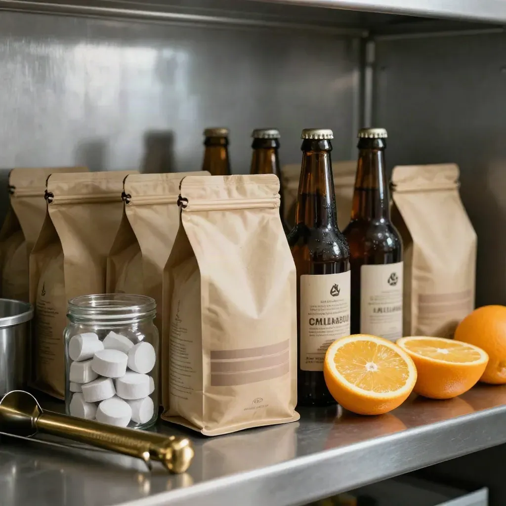 Een compacte set horeca-leveranciers met koffie, bier, schoonmaaktabletten, citrus en bartools op een stalen plank.
