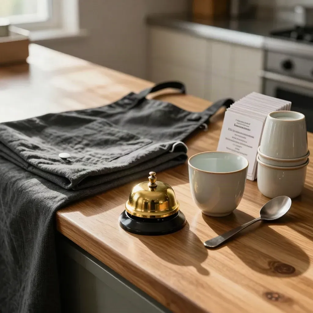 Teamtraining-kit met aprons, bel, kopjes en kaarten op een warme houten toog