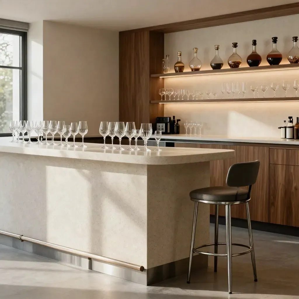 Leeg barinterieur met glazen, speakersetup en verlichte schappen voor ledenavond