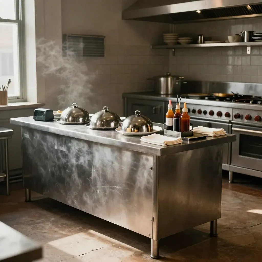 Restaurant trainingshoek met RVS-prep rail, cloches, sausflessen en demoborden in zacht licht.