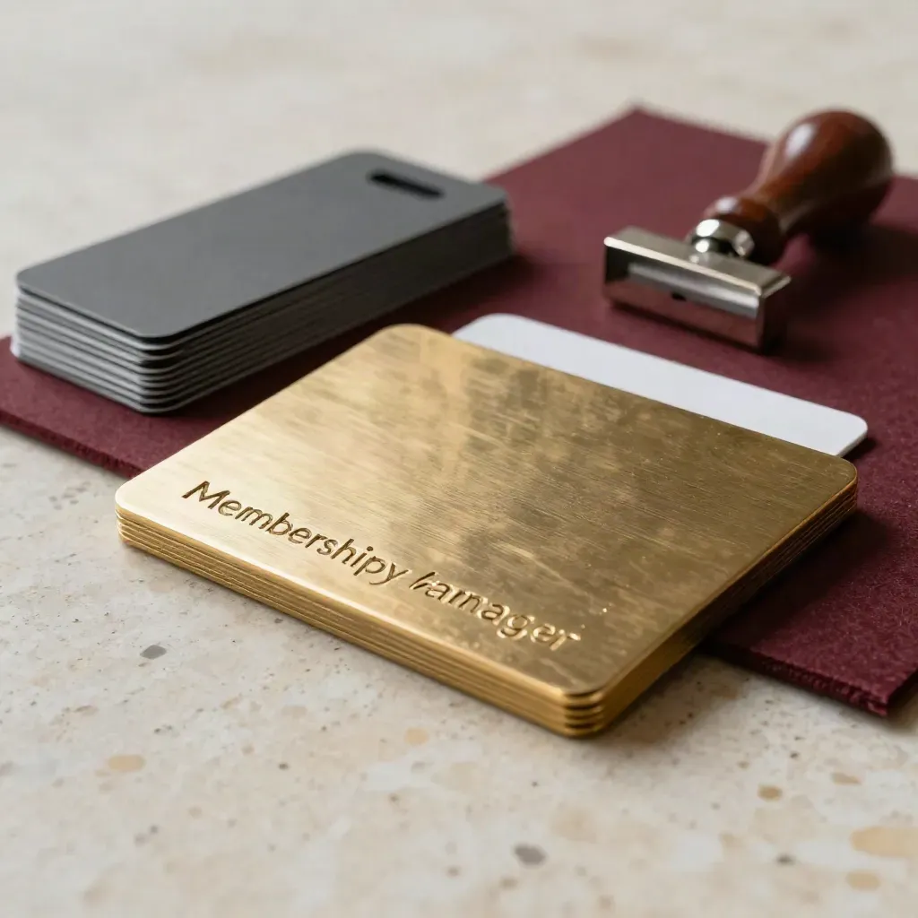 Brass kaarthouder met NFC-tags, metalen stempel en travertin textuur in macro bokeh.