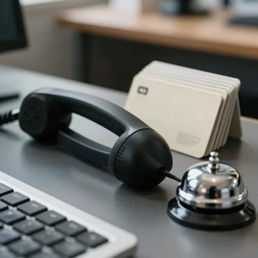 Supportstation met headsetstandaard, vaste telefoon, NFC-kaarten, toetsenbordsrand en servicebel.