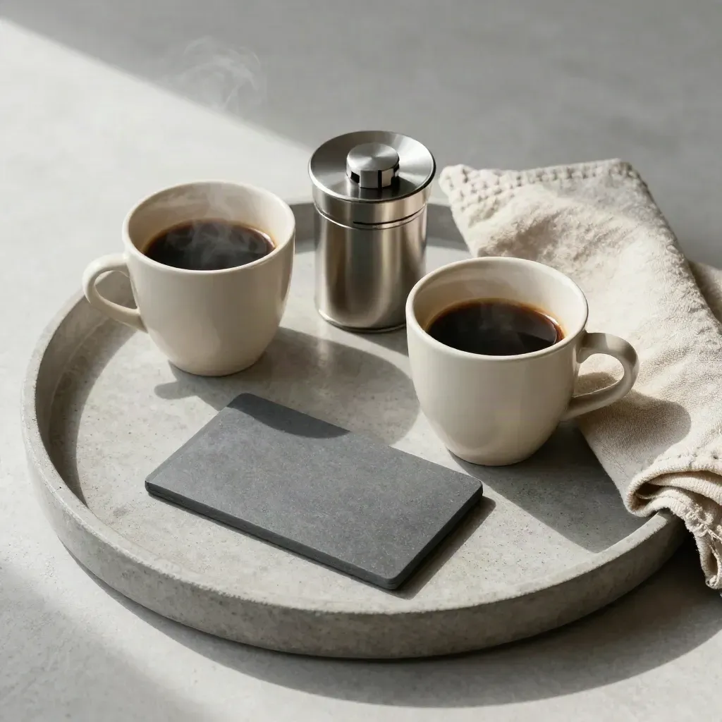 Voordeelset met koffiekopjes, kroonkurkapparaat, linnendoek en pas-sleeve op stenen tray.