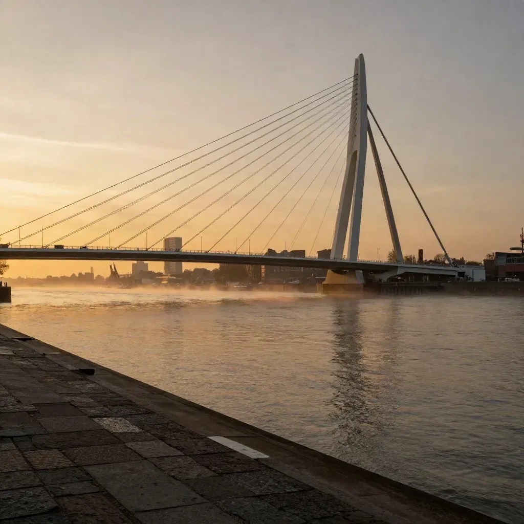 Rotterdamse Erasmusbrug bij gouden uur boven mistig rivierwater en skyline.